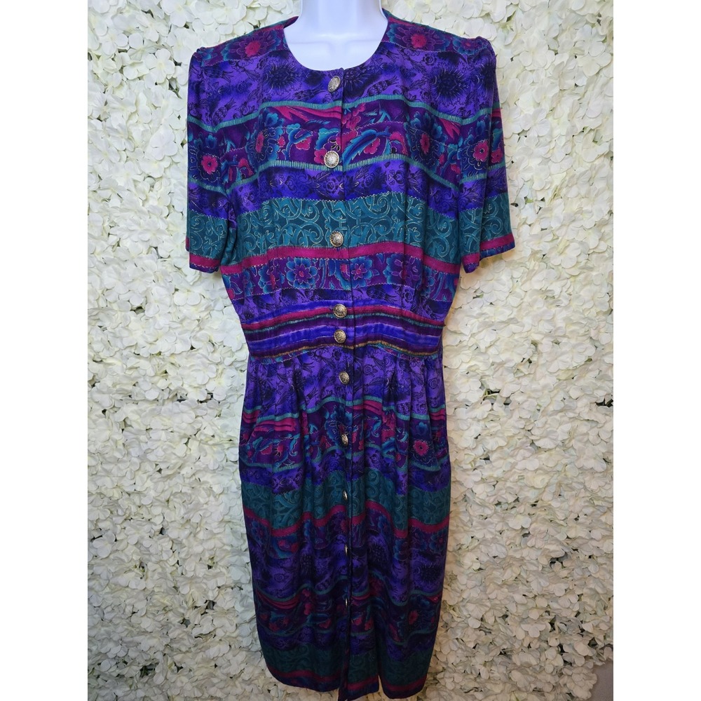 Vtg‎ Positive Attitude Womens 12Petite Short Sleeve Button Up Dress W/ Pockets